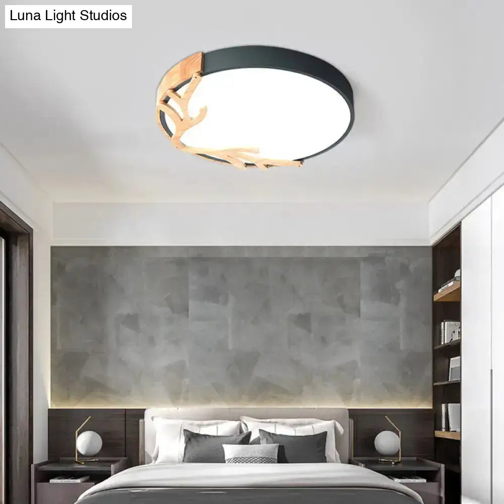 Simplicity Led Circle Flush Light With Antler Wood Decor For Bedroom