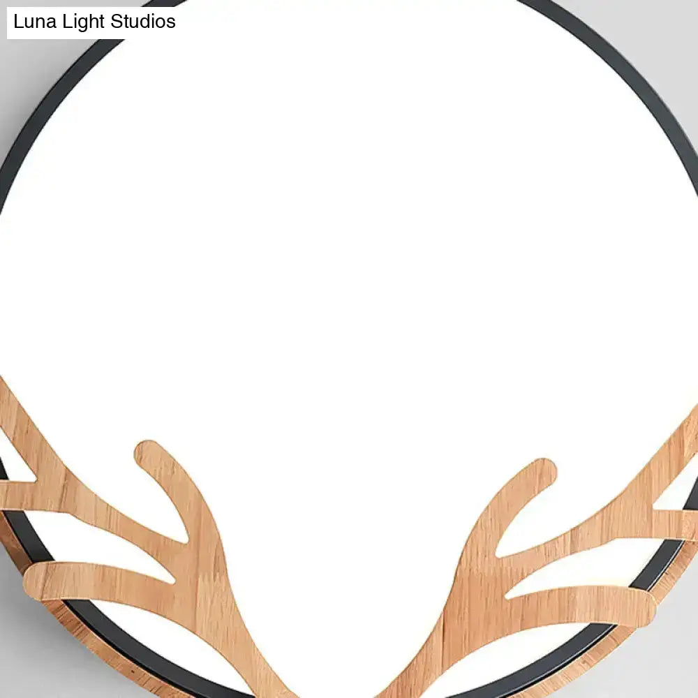 Simplicity Led Circle Flush Light With Antler Wood Decor For Bedroom