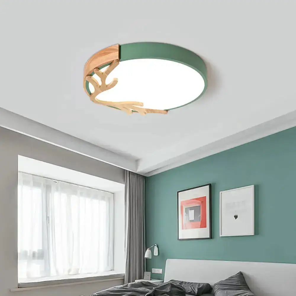 Simplicity Led Circle Flush Light With Antler Wood Decor For Bedroom Green / Small