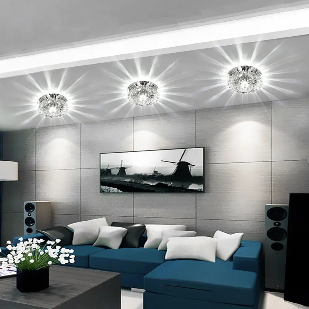 Simplicity Led Flush Mount Stainless Steel Flower Ceiling Light With Crystal Shade Clear / White