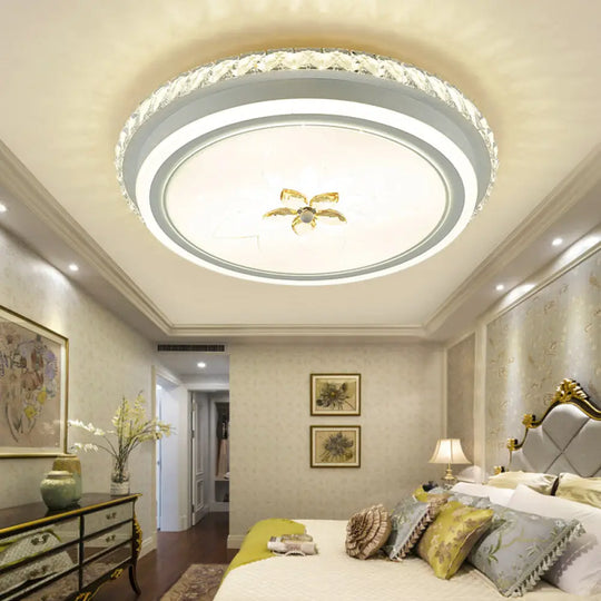 Simplicity Led Metal Flush Lighting With Flower Crystal Decor – White Finish Round Ceiling