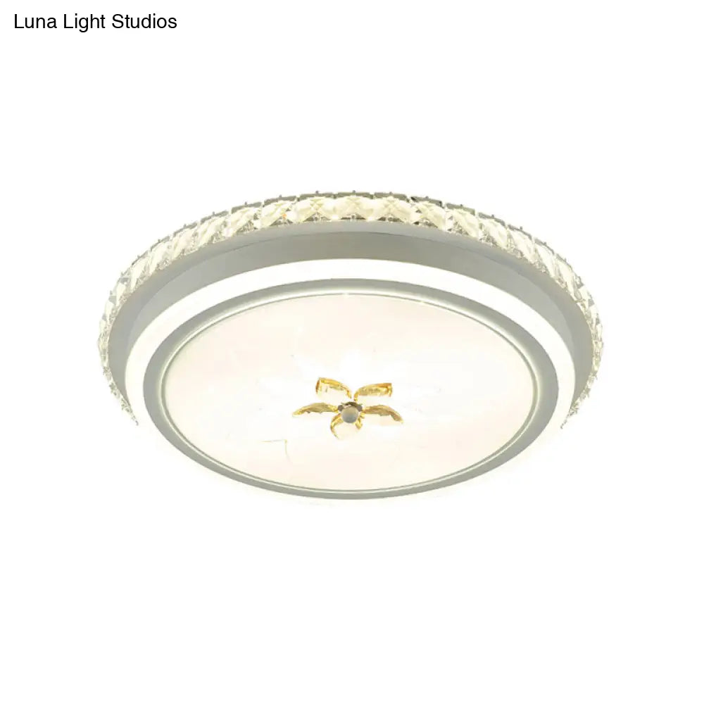 Simplicity Led Metal Flush Lighting With Flower Crystal Decor White Finish Round Ceiling Mounted