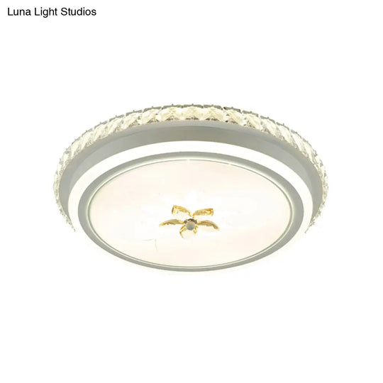 Simplicity Led Metal Flush Lighting With Flower Crystal Decor – White Finish Round Ceiling