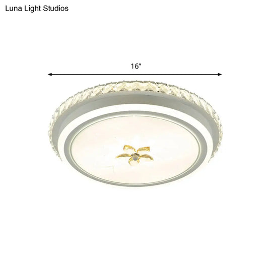 Simplicity Led Metal Flush Lighting With Flower Crystal Decor White Finish Round Ceiling Mounted