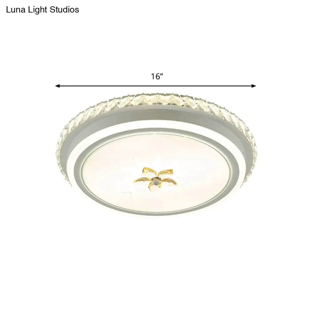 Simplicity Led Metal Flush Lighting With Flower Crystal Decor – White Finish Round Ceiling