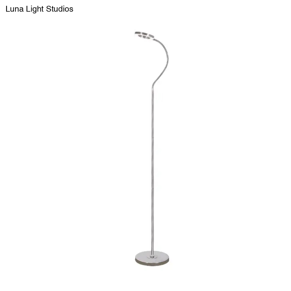 Simplicity Led Silver Floor Reading Lamp With Gooseneck Arm - Metal Ring Round Shade Stand Up Light