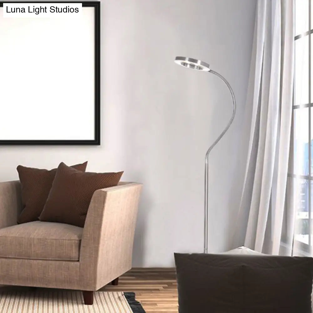 Simplicity Led Silver Floor Reading Lamp With Gooseneck Arm - Metal Ring Round Shade Stand Up Light