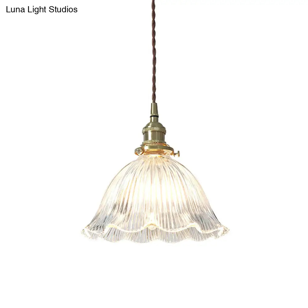 Simplicity Living Room Pendant Light Fixture With Clear Ribbed Glass Shade And Floral Design