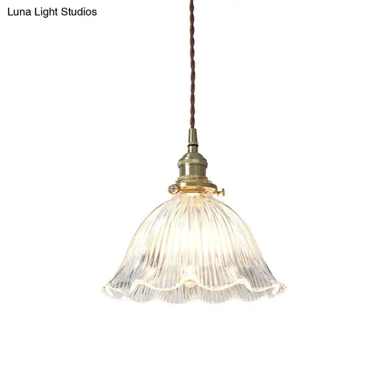 Simplicity Living Room Pendant Light Fixture With Clear Ribbed Glass Shade And Floral Design