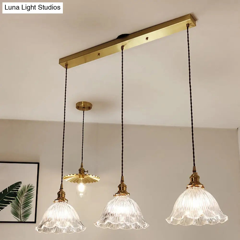 Clear Ribbed Glass Suspension Pendant Light - Floral Shade Simplicity Design For Living Room 3 /