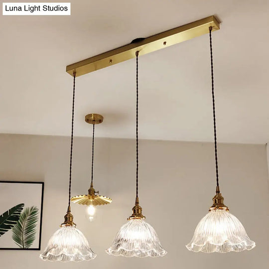 Clear Ribbed Glass Suspension Pendant Light - Floral Shade Simplicity Design For Living Room 3 /