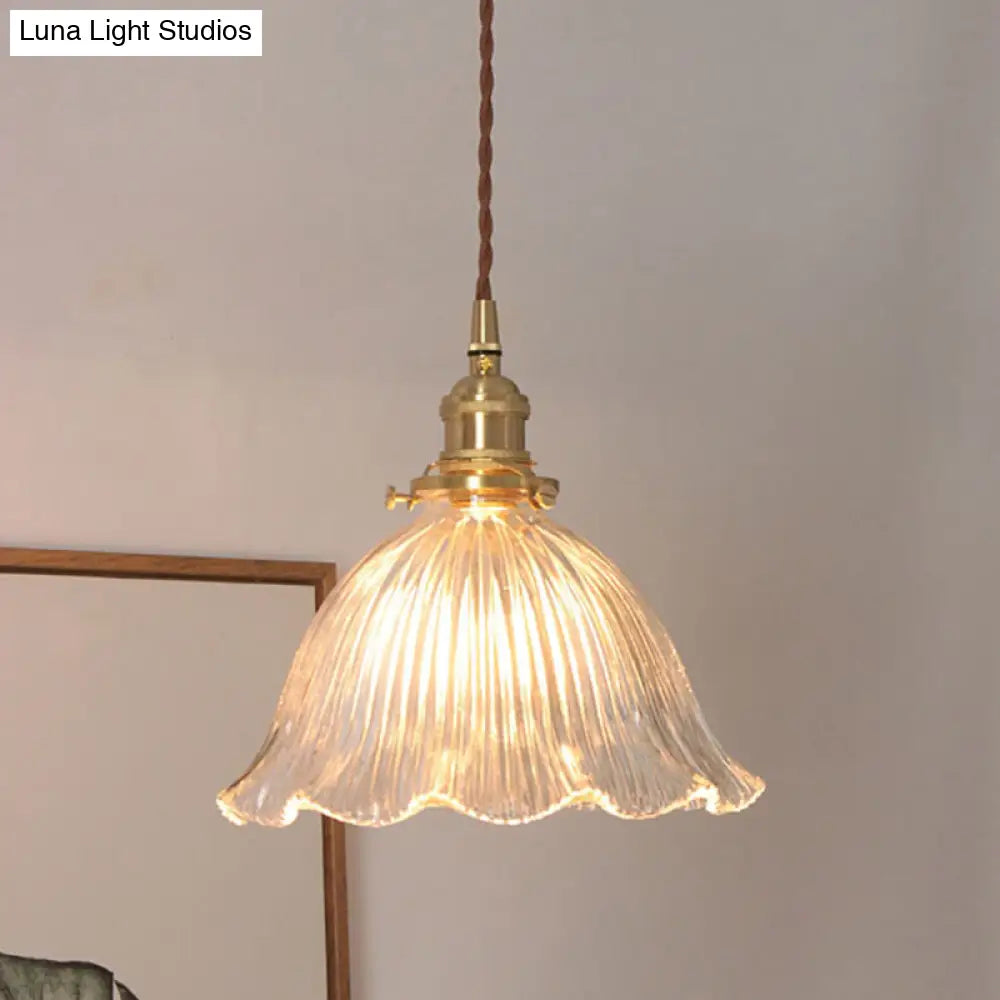 Simplicity Living Room Pendant Light Fixture With Clear Ribbed Glass Shade And Floral Design