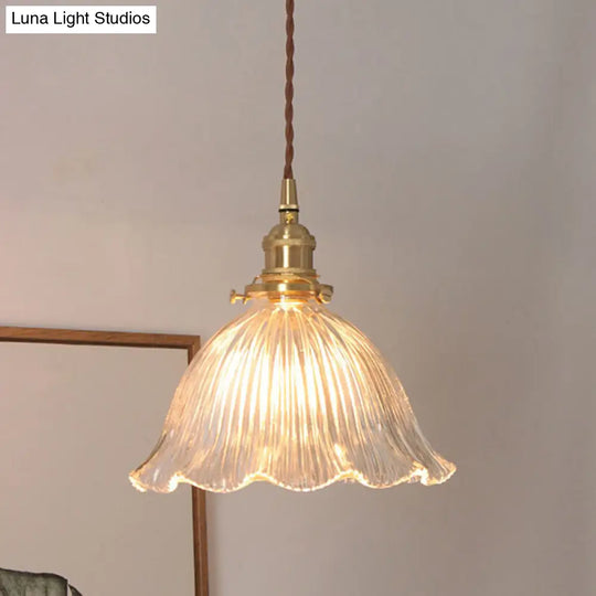 Clear Ribbed Glass Suspension Pendant Light - Floral Shade Simplicity Design For Living Room