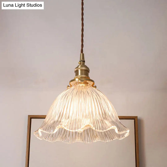 Clear Ribbed Glass Suspension Pendant Light - Floral Shade Simplicity Design For Living Room 1 /