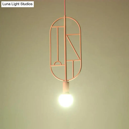 Sleek Geometric Frame Pendant Lamp With Metallic Finish - Modern 1-Head Bedroom Light Fixture Pink /