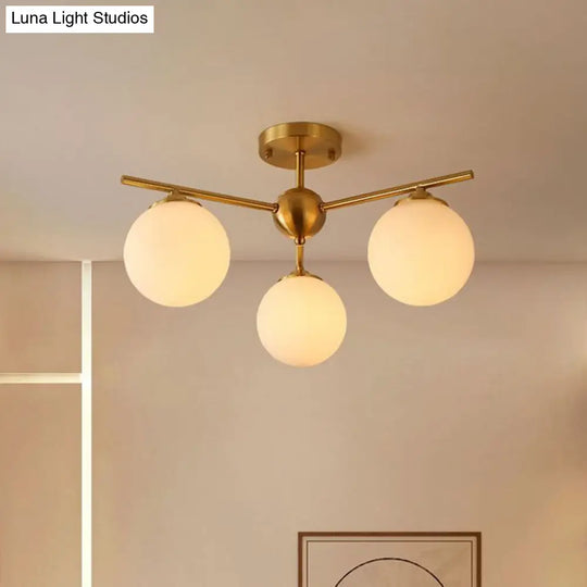 Simplicity Milk Glass Globe Semi Flush Mount Light - 3-Bulb Antiqued Gold Ceiling Fixture