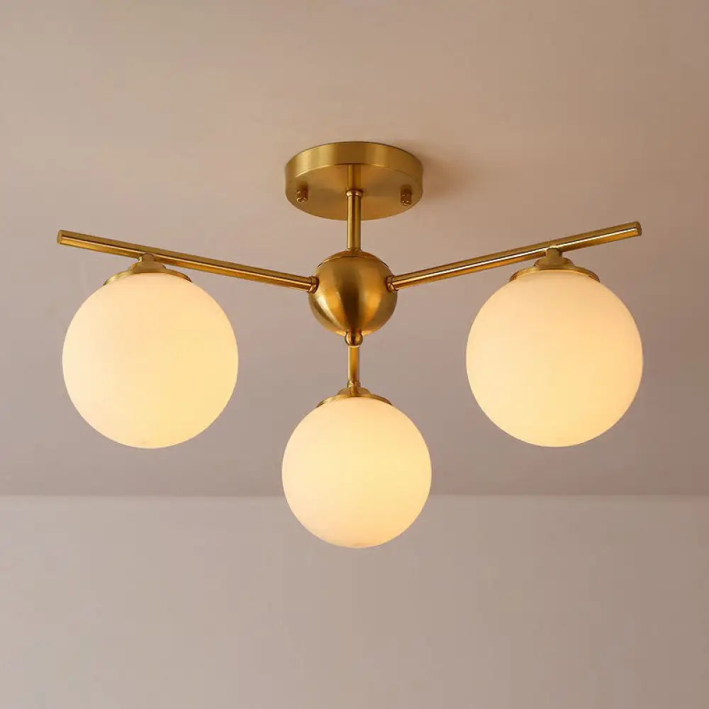 Simplicity Milk Glass Globe Semi Flush Mount Light - 3 - Bulb Antiqued Gold Ceiling Fixture / Small