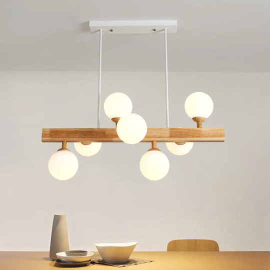 Simplicity Opal Glass Globe Pendant Light - 7 Heads Island Chandelier In Wood For Dining Room