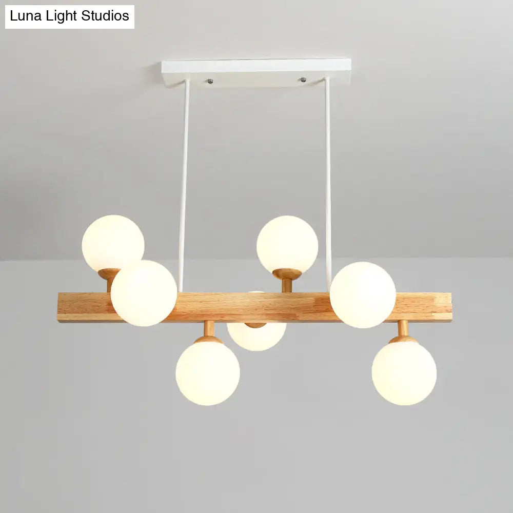 Simplicity Opal Glass Globe Pendant Light - 7 Heads Island Chandelier In Wood For Dining Room