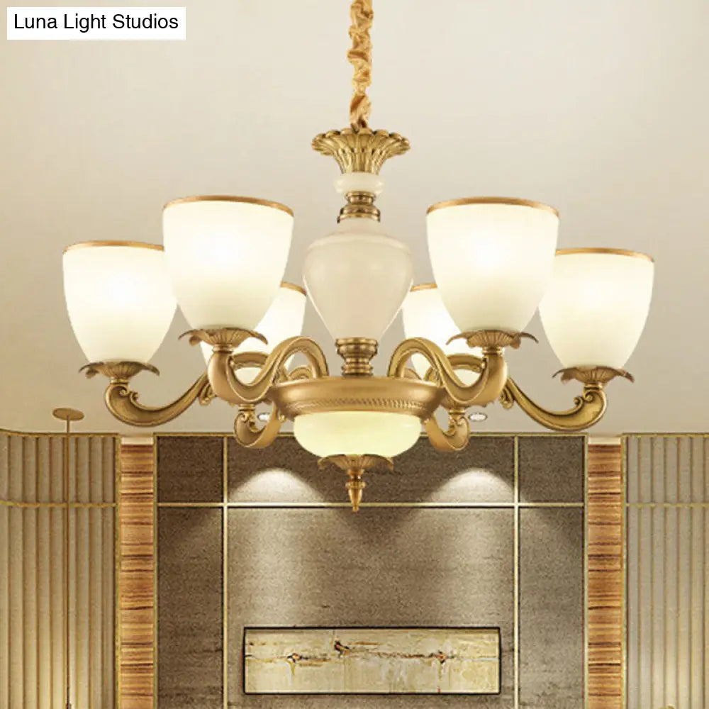 Gold Simplicity Pendant Light Fixture For Living Room With Milky Glass Bowl Chandelier 6 / White