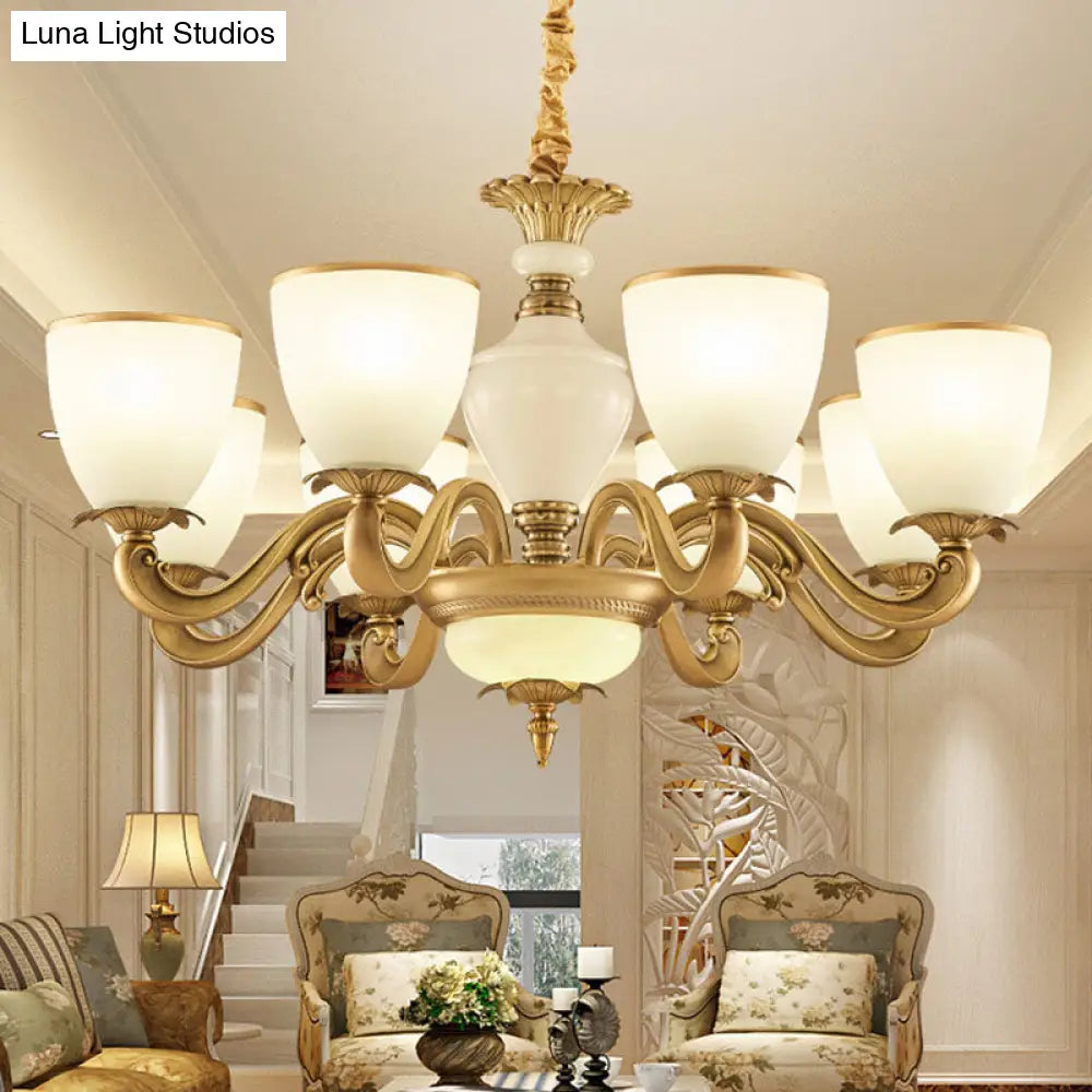 Gold Simplicity Pendant Light Fixture For Living Room With Milky Glass Bowl Chandelier 8 / White