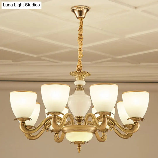 Gold Simplicity Pendant Light Fixture For Living Room With Milky Glass Bowl Chandelier