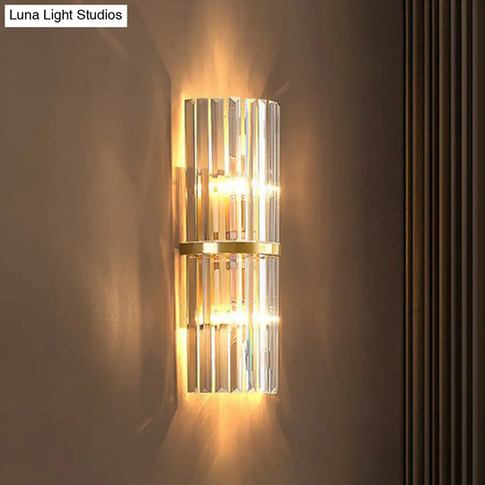 Simplicity Prismatic Crystal Brass Sconce Wall Lamp: Half Cylinder Shape With 2-Head Lighting