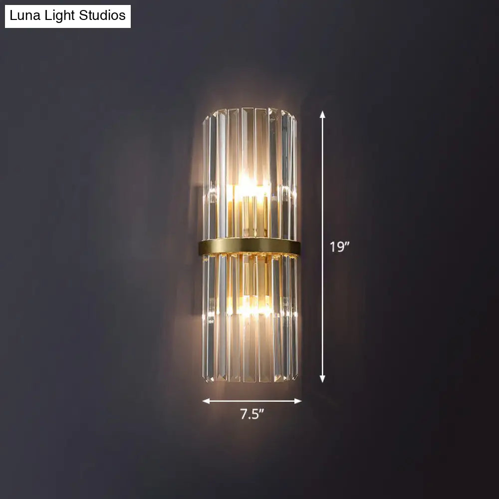 Simplicity Prismatic Crystal Brass Sconce Wall Lamp: Half Cylinder Shape With 2-Head Lighting