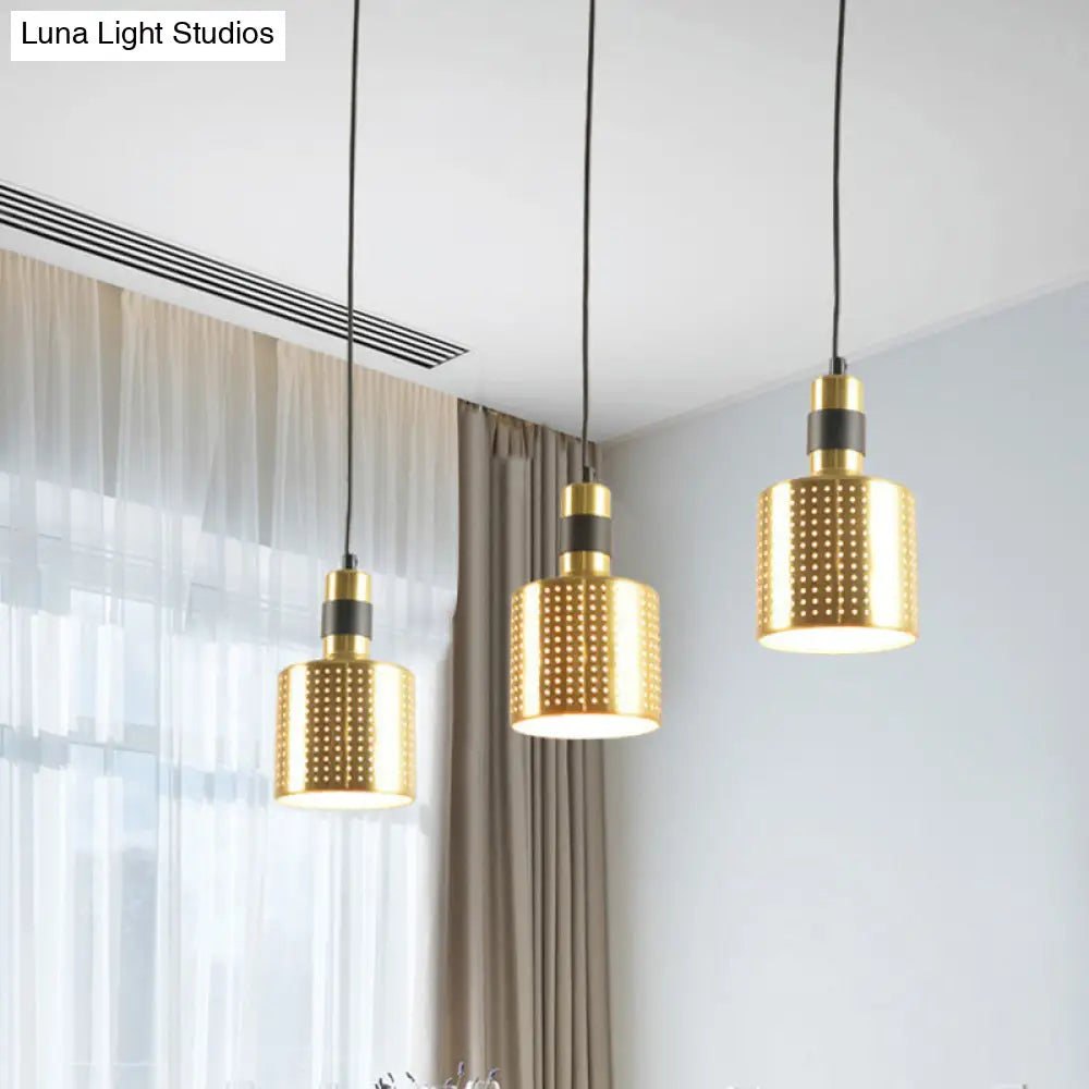 Simplicity Punched Metal 3-Light Dining Room Hanging Lamp In Brass - Bottle Multi Pendant Kit