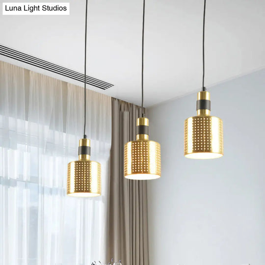 Simplicity Punched Metal 3-Light Dining Room Hanging Lamp In Brass - Bottle Multi Pendant Kit