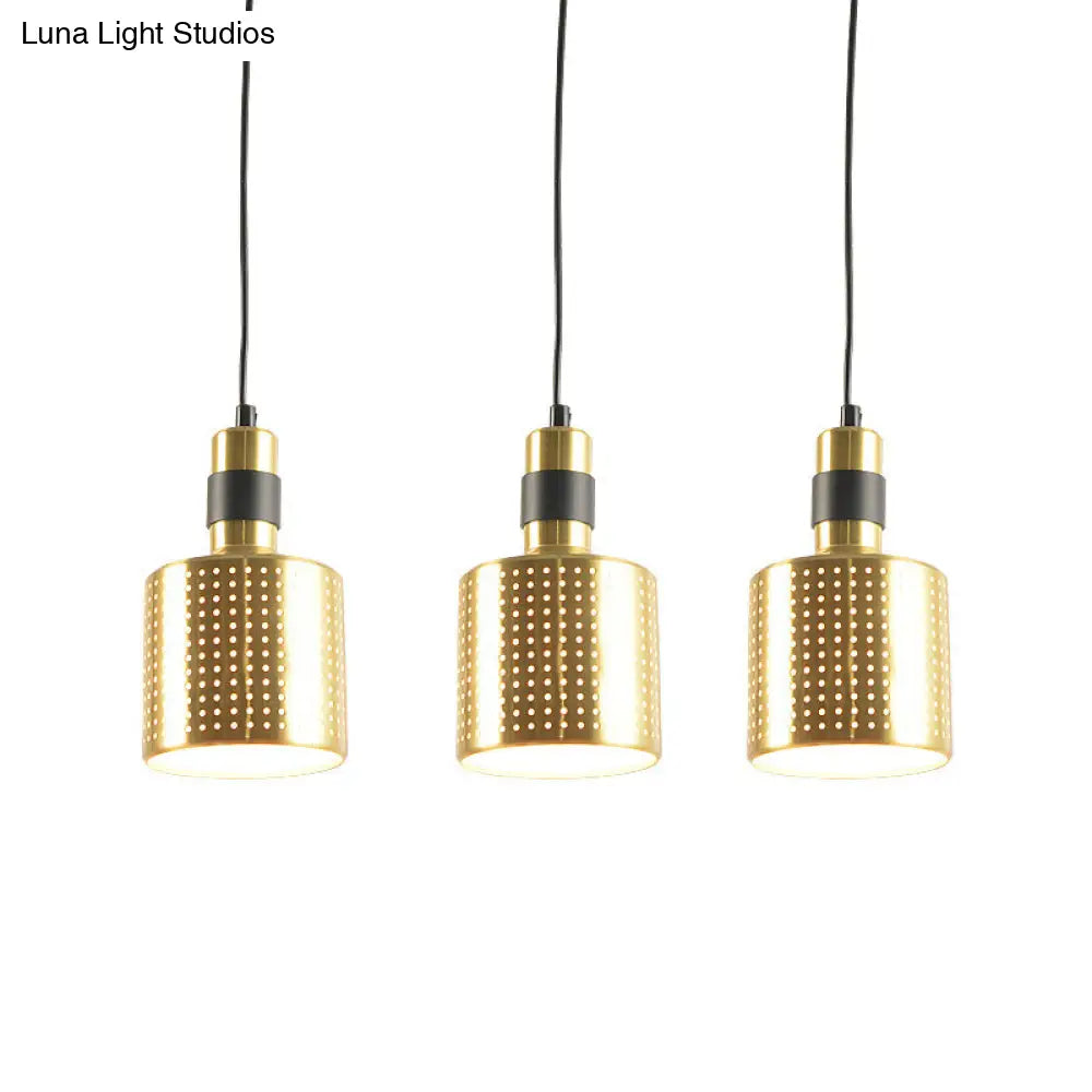 Simplicity Punched Metal 3-Light Dining Room Hanging Lamp In Brass - Bottle Multi Pendant Kit