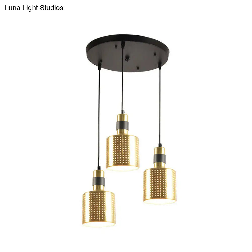 Brass Multi-Pendant Dining Room Hanging Lamp Kit With 3 Punched Bottle Lights / Round