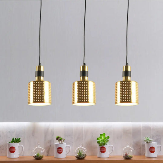 Simplicity Punched Metal 3-Light Dining Room Hanging Lamp In Brass - Bottle Multi Pendant Kit /