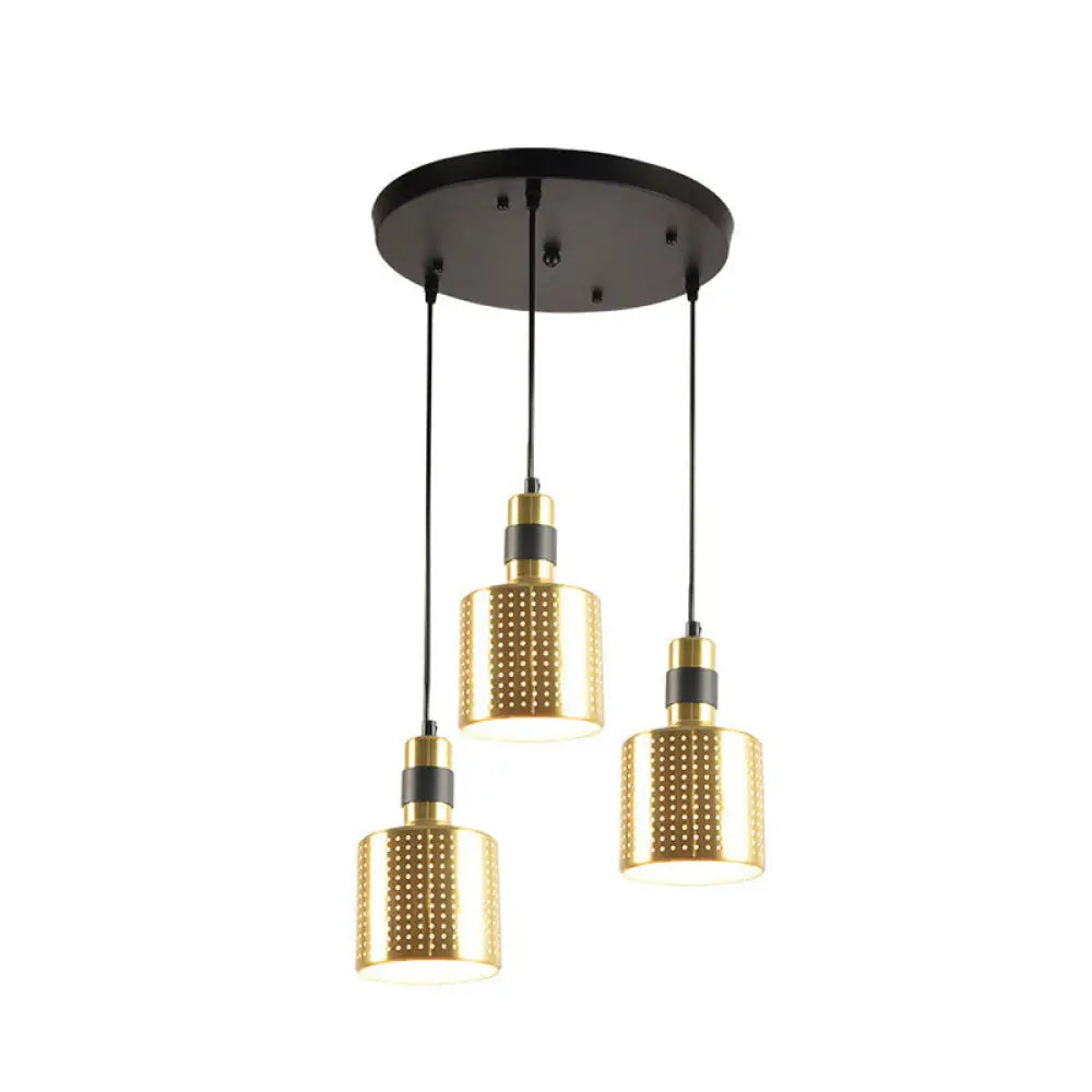 Simplicity Punched Metal 3-Light Dining Room Hanging Lamp In Brass - Bottle Multi Pendant Kit /