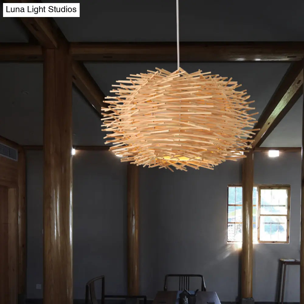 Simplicity Rattan Bird Nest Suspension Light - Wood Restaurant Pendant (1-Light)