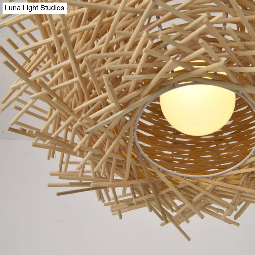 Simplicity Rattan Bird Nest Suspension Light - Wood Restaurant Pendant (1-Light)