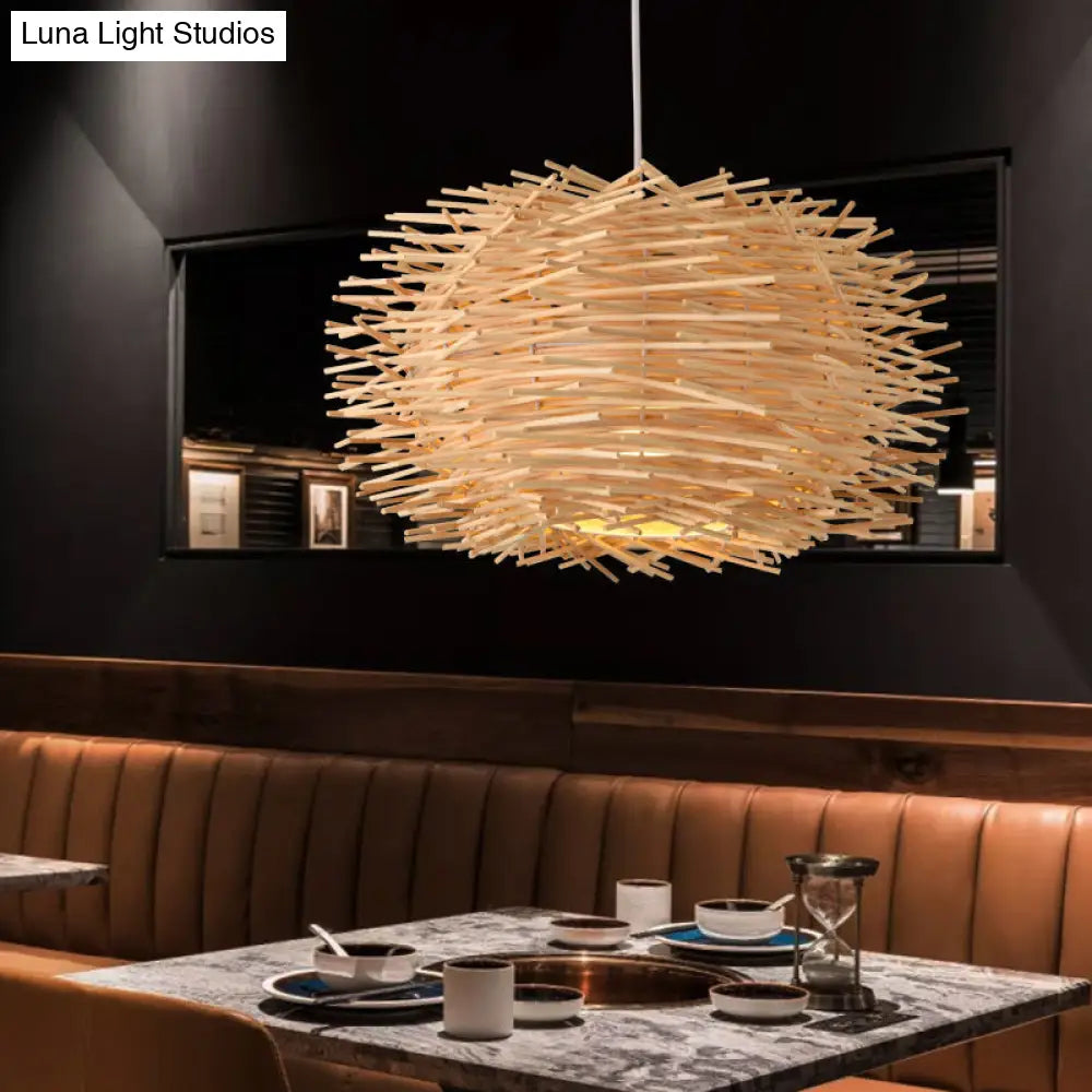 Simplicity Rattan Bird Nest Suspension Light - Wood Restaurant Pendant (1-Light)