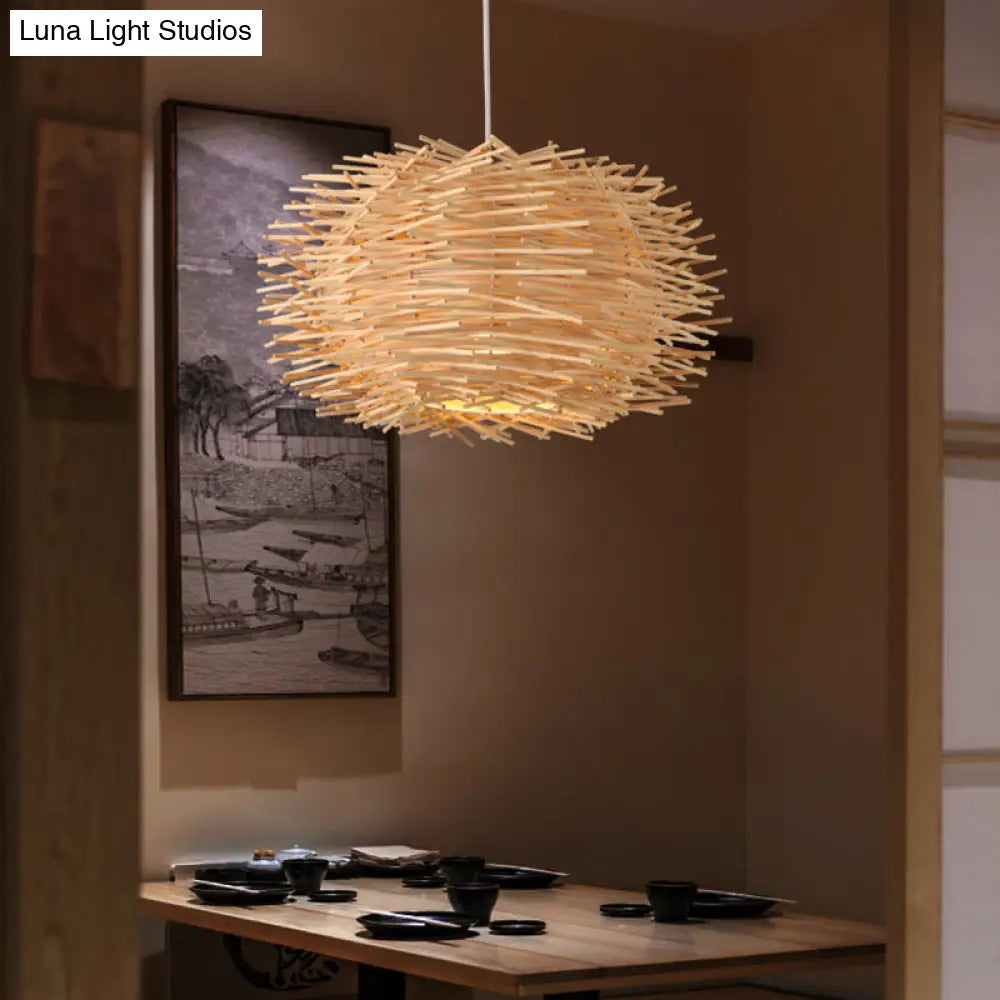 Simplicity Rattan Bird Nest Suspension Light - Wood Restaurant Pendant (1-Light)