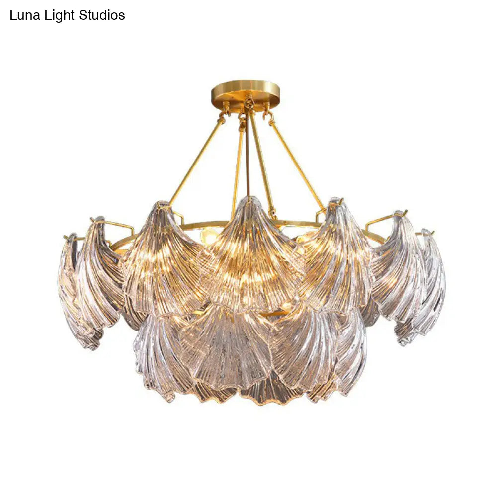 Simplicity Ribbed Crystal Brass Shell Chandelier Pendant Light - Elegant Dining Room Fixture