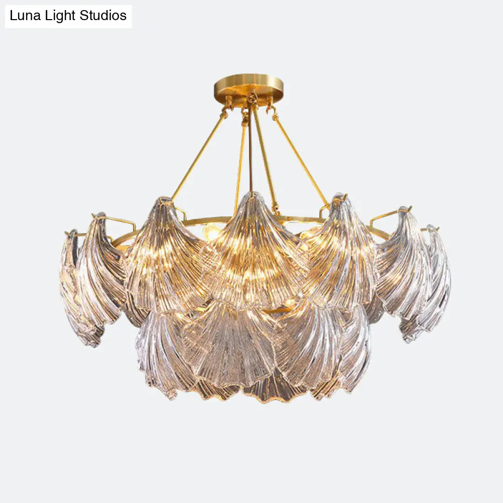 Simplicity Ribbed Crystal Brass Shell Chandelier Pendant Light For Dining Room