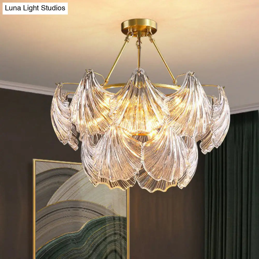 Simplicity Ribbed Crystal Brass Shell Chandelier Pendant Light - Elegant Dining Room Fixture