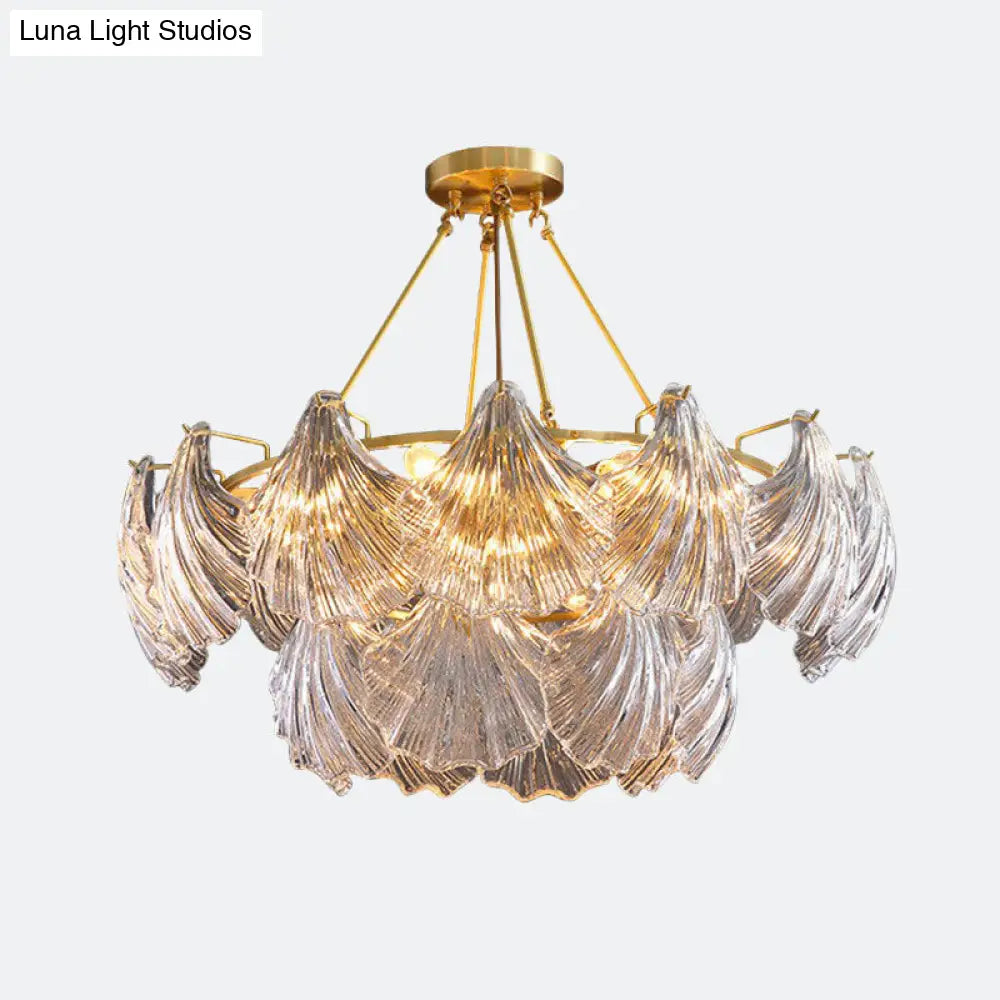 Simplicity Ribbed Crystal Brass Shell Chandelier Pendant Light - Elegant Dining Room Fixture