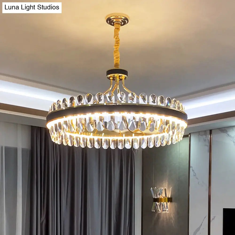 Simplicity Ring Led Chandelier Light With K9 Crystal Gold-Black Pendant Fixture For Living Room