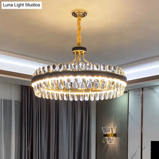 Simplicity Ring Led Chandelier Light With K9 Crystal Gold-Black Pendant Fixture For Living Room