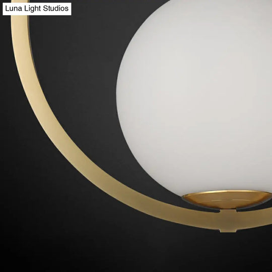 Simplicity Single Brass Pendant Lamp With Opaque Glass Shade And Metal Ring - Ball Suspension