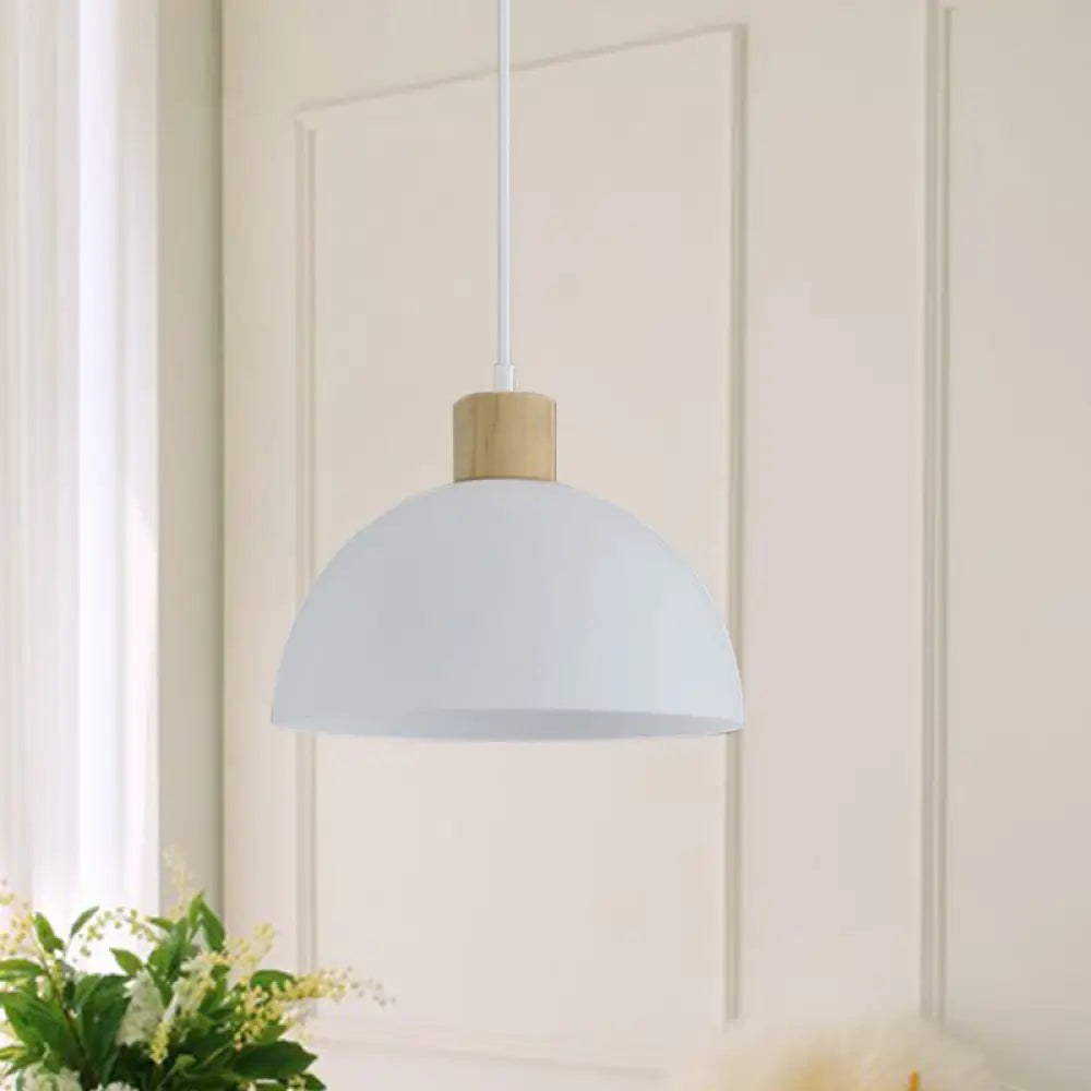 Simplicity Single White Acrylic Bowl Pendant Light With Wood Cap - Hanging Suspension