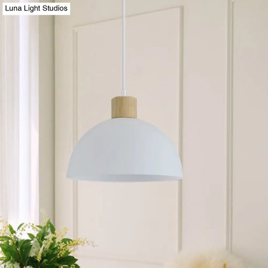 White Acrylic Bowl Pendant Light With Wooden Cap - Simple Single Hanging Suspension