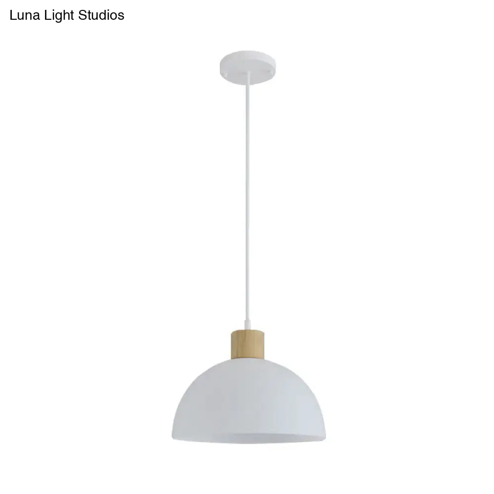 White Acrylic Bowl Pendant Light With Wooden Cap - Simple Single Hanging Suspension