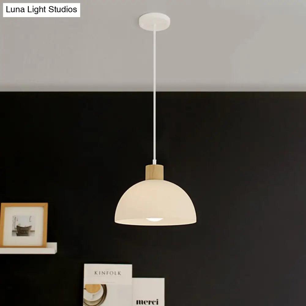 White Acrylic Bowl Pendant Light With Wooden Cap - Simple Single Hanging Suspension