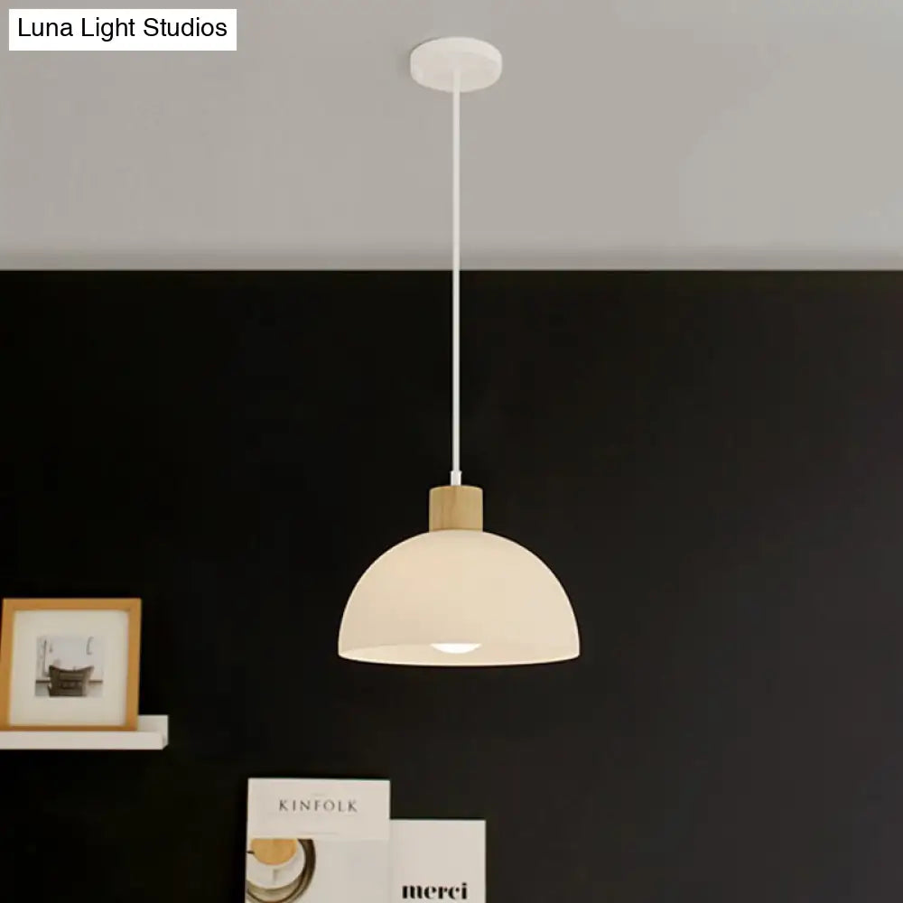 Simplicity Single White Acrylic Bowl Pendant Light With Wood Cap - Hanging Suspension